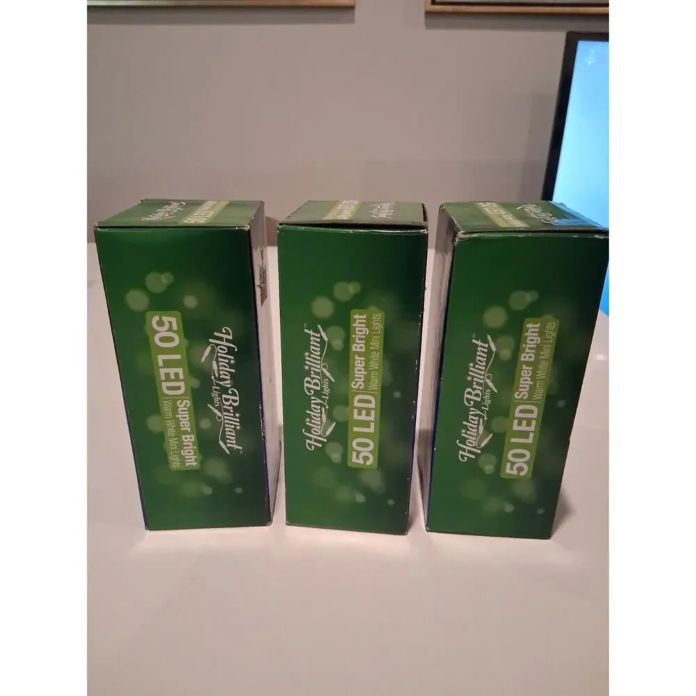 Lot of 3 Holiday Brilliant 50 LED Warm White Mini Christmas Lights Green Wire